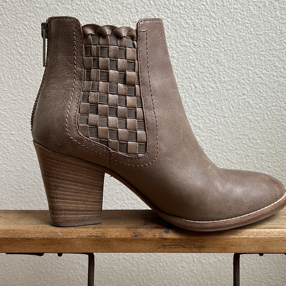 Aquatalia Basket-Weave Tan Leather Frannie Weatherproof Ankle Heeled Booties - Picture 3 of 15